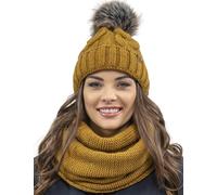Vivisence Stylish Women's Winter Set Including Pompom Hat and Cozy Snood Scarf Made from Soft and Warm Fabric Smooth Fleece Lining Ideal for Cold Days, Dark Yellow,UNI