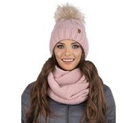 Vivisence Stylish Women's Winter Set Including Pompom Hat and Cozy Snood Scarf Made from Soft and Warm Fabric Smooth Fleece Lining Ideal for Cold Days, Light Pink,UNI