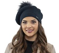 Vivisence Winter Women's Elegant Beret with Classic Design Faux Fur Pompom for Ladies Warm Wool Blend Fabric Perfect for Cold Days and Everyday Wear Autumn and Winter, Dark Blue,UNI