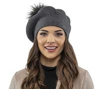 Vivisence Winter Women's Elegant Beret with Classic Design Faux Fur Pompom for Ladies Warm Wool Blend Fabric Perfect for Cold Days and Everyday Wear Autumn and Winter, Dark Grey,UNI
