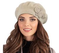 Vivisence Winter Women's Elegant Beret with Classic Design for Ladies Floral Decoration Warm Wool Blend Fabric Ideal for Cold Days and Everyday Wear Autumn and Winter, Beige,UNI