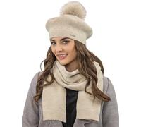 Vivisence Winter Women's Elegant Beret with Classic Design Faux Fur Pompom for Ladies Warm Wool Blend Fabric Perfect for Cold Days and Everyday Wear Autumn and Winter, Beige,UNI