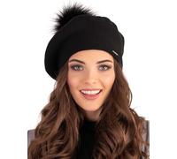 Vivisence Women Beret Wool Blend Faux Fur Pompom Elegant Warm Winter Hat 7035, Black,UNI