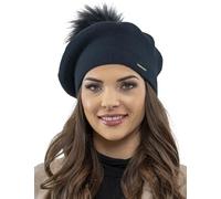 Vivisence Women Beret Wool Blend Faux Fur Pompom Elegant Warm Winter Hat 7035, Dark Blue,UNI