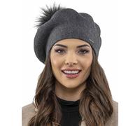 Vivisence Women Beret Wool Blend Faux Fur Pompom Elegant Warm Winter Hat 7035, Dark Grey,UNI