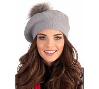 Vivisence Women Beret Wool Blend Faux Fur Pompom Elegant Warm Winter Hat 7035, Grey,UNI