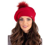 Vivisence Women Beret Wool Blend Faux Fur Pompom Elegant Warm Winter Hat 7035, Red,UNI