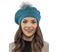Vivisence Women Beret Wool Blend Faux Fur Pompom Elegant Warm Winter Hat 7035, Turquoise,UNI