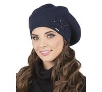 Vivisence Women's Beret Stylish and Elegant with Classic Design and Floral Decoration Made from Warm and Soft Wool for Ladies Perfect for Winter and Everyday Use, Dark Blue,UNI