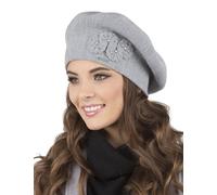 Vivisence Women's Beret Stylish and Elegant with Classic Design and Floral Decoration Made from Warm and Soft Wool for Ladies Perfect for Winter and Everyday Use, Light Grey,UNI