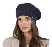 Vivisence Women's Stylish and Elegant Ladies Beret with Classic Design and Floral Decoration for Ladies Made from Acrylic Perfect for Winter and Outdoor Use, Dark Blue,UNI