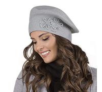 Vivisence Women's Stylish and Elegant Ladies Beret with Classic Design and Floral Decoration for Ladies Made from Acrylic Perfect for Winter and Outdoor Use, Light Grey,UNI