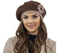 Vivisence Women's Winter Beret Classic Style Floral Decoration Warm and Soft Fabric Blend Design Craftsmanship and Ideal for Cold Winter and Autumn Days, Brown,UNI