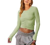 Vivitulip Women’s Long Sleeve Shirts Basic Fall Ruched Slim Fitted Crop Tops Tight Athletic Blouse with Thumb Holes, Green, S