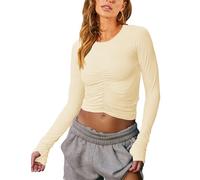 Vivitulip Women’s Long Sleeve Shirts Basic Fall Ruched Slim Fitted Crop Tops Tight Athletic Blouse with Thumb Holes, Apricot, S