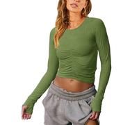 Vivitulip Women’s Long Sleeve Shirts Basic Fall Ruched Slim Fitted Crop Tops Tight Athletic Blouse with Thumb Holes, Army Green, S