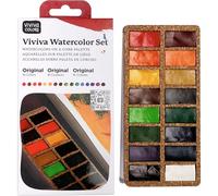 Viviva VV276039 Watercolour Paint Set, 16 Lightfast and Vivid Colours in Bowls on Cork Palette for Outdoor and Travel, Handmade - 16 Colours