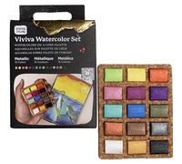 Viviva VV276052 Watercolour Paint Set, 15 Lightfast and Vivid Colours in Bowls on Cork Palette for Outdoor and Travel, Handmade - 15 Metallic Colours