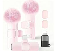 VIVIZEN Dual Mics Wireless Mini Lapel Microphone - 2-in-1 Noise Canceling Clip-on Mic for iPhone iPad (15 and Above) Android, Suitable for Vlogging Podcast YouTube TikTok Video (Pink)