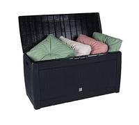 Vivo Technologies 310L Garden Storage Box Chest, Outdoor Storage Boxes Weather and UV Resistant Cushion Box and Garden Furniture Organizer with Hinged Lid Handles Wheels Wicker Look, Black