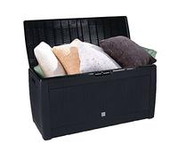 Vivo Technologies 310L Garden Waterproof Storage Box Chest Outdoor Storage Boxes Cushion Box and Garden Furniture Organizer with Hinged Lid Handles Wheels Wicker Look, Black
