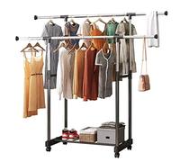 Vivo Technologies Double-rail Adjustable Tidy Rack Mobile Garment Rack Clothes Clothing Rail Stand on Castor Wheels with Hanging Rail and Storage Shelf