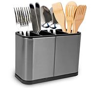 Vivo Technologies Kitchen Utensil Caddy Stainless Steel Organiser | Cooking Cutlery Holder | 4 Removable Dividers Compartments | Drip Tray for Kitchen Countertop | Anti Slip | Water Draining Design