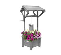 Vivo Technologies Wooden Wishing Well Planter for Garden, Wishing Well Garden Feature Outdoor Flower Pot Backyard Decor, Grey