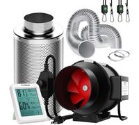 VIVOSUN Inline Duct Fan 6 Inch 390 CFM with Speed Controller, 150mm Carbon Filter and 8 Feet of Ducting, Temperature Humidity Monitor for Grow Tent Ventilation, Air Filtration Kit