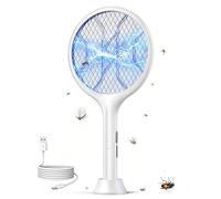VIWAVE Electric Fly Swatter 4000V Rechargeable Fly Zapper Racket, 1800mAh USB Charging Mosquito Bug Killer with Power Display, Stand Base, 3 Layer Mesh Electric Fly Bat for Indoor Outdoor White