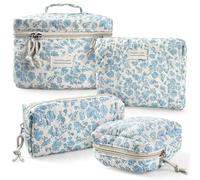 VIWIME Makeup Cosmetic Bag, Large Cotton Quilted Travel Coquette Aesthetic Cute Floral Make up Bag for Women Toiletry Bag Organizer, 205- Sky Blue/ 4Pcs, Light