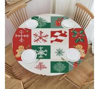 ViWMKP Christmas Gingerbread Patchwork Elastic Round Tablecloth - Waterproof Fitted Table Cover for 60x60 Inch Tables, Stretch Polyester Fabric with Anti-Slip Design