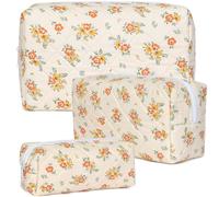 Viwomsh Quilted Makeup Bag Set,Large Quilted Floral Cosmetic Bag For Women,Cute Cotton Makeup Brushes Storage Bags Flower Travel Toiletry Organizer Bag, Orange Floral-3pcs, 3pcs