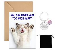 Vixano Cat Lovers Gifts for Women, Cute Cat Birthday Card, Stainless Steel Key Ring with Envelope Black Velvet Bag, Birthday Gifts for Friends, Mother, Colleague, Child