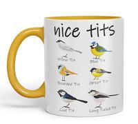 Vixar Beautiful Tits, Willow Tit, Blue Tit, Bearded Tit, Great Tit, Fir Tit, Tail Tit, Sarcastic Joke, Coloured Ceramic Mug for Hot Tea, Coffee, 330 ml, 11 oz (G Yellow)