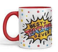 Vixar Best Teacher Ever, Ceramic 330 ml 11oz Coloured Mug Cup, Teacher Gift from Kids, School Gift, end of Year for Coffee Tea (T3) (Red)