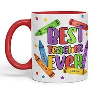 Vixar Best Teacher Ever Crayons, Ceramic 330 ml 11oz Coloured Mug Cup, Teacher Gift from Kids, School Gift, end of Year for Coffee Tea (T5) (Red)