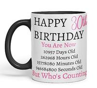 Vixar But Who's Counting Happy 30th Birthday Ceramic Coloured Mug Cup Gift Days Hours Minutes (Pink) (Black)