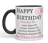 Vixar But Who's Counting Happy 60th Birthday Ceramic Coloured Mug Cup Gift Days Hours Minutes (Pink) (Black)