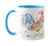 Vixar Cockerel Watercolour Rainbow Hen Art Farm Animal Coloured Mug Cup, Gift, Birthday, Work, Office, Christmas Tea Coffee (L Blue)