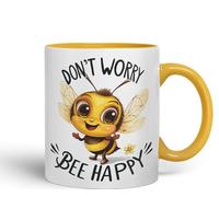 Vixar Don’t Worry Bee Happy Bees Joke sarkasm Sarcastic Ceramic Coloured Mug Cup for Tea Coffee Hot Brew 330ml 11Oz Gift (G Yellow)