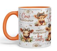 Vixar Easily Distracted by Baby Cow Whisperer I just Realy Love Cow Highland Scottish Farm Animals Ceramic Coloured Mug Cup for Tea Coffee Hot Brew 330ml 11Oz Gift (Orange)