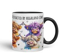 Vixar Easily Distracted by Highland Cows Scottish Farm Animals Ceramic Coloured Mug Cup for Tea Coffee Hot Brew 330ml 11Oz Gift (Black)