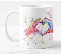 Vixar Hand Heart Rainbow Love Hands Watercolour Art Coloured Mug Cup Gift Birthday Work Office Christmas Tea Coffee (White)