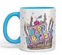 Vixar Happy Birthday Mug Cake Ceramic Coloured Mug Cup Gift Tea Coffee Christmas Office Home (L Blue)