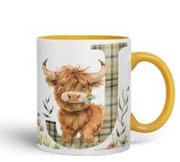 Vixar Highland Cow Alphabet Monogram Coloured Ceramic Cup Mug - Letter J - Rustic Farmhouse Animal Letter Gift - 11oz (Gold Yellow)