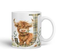 Vixar Highland Cow Alphabet Monogram Coloured Ceramic Cup Mug - Letter J - Rustic Farmhouse Animal Letter Gift - 11oz (White)