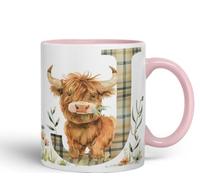 Vixar Highland Cow Alphabet Monogram Coloured Ceramic Cup Mug - Letter J - Rustic Farmhouse Animal Letter Gift - 11oz (Pink)