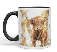 Vixar Highland Cow Alphabet Monogram Coloured Ceramic Cup Mug - Letter M - Rustic Farmhouse Animal Letter Gift - 11oz (Black)