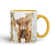 Vixar Highland Cow Alphabet Monogram Coloured Ceramic Cup Mug - Letter M - Rustic Farmhouse Animal Letter Gift - 11oz (Gold Yellow)